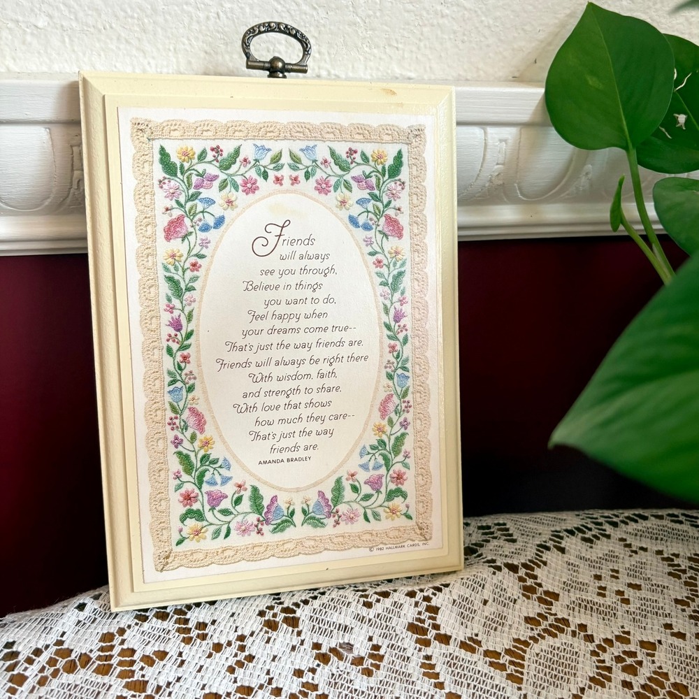Vintage 1982 Hallmark Amanda Bradley Friends Wood Wall Art Plaque Floral Decor